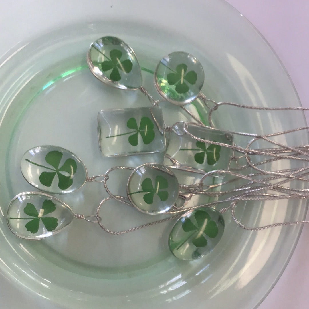 Genuine, Four Leaf Clover in Resin necklace 