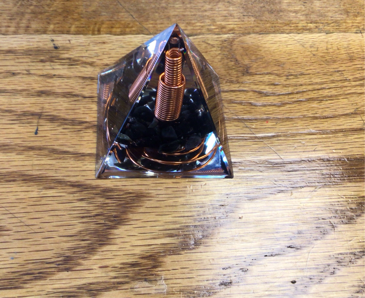 Orgonite pyramid w obsidian and copper generator