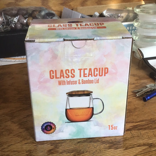 Glass Teacup 15 oz with infuser and bamboo lid￼