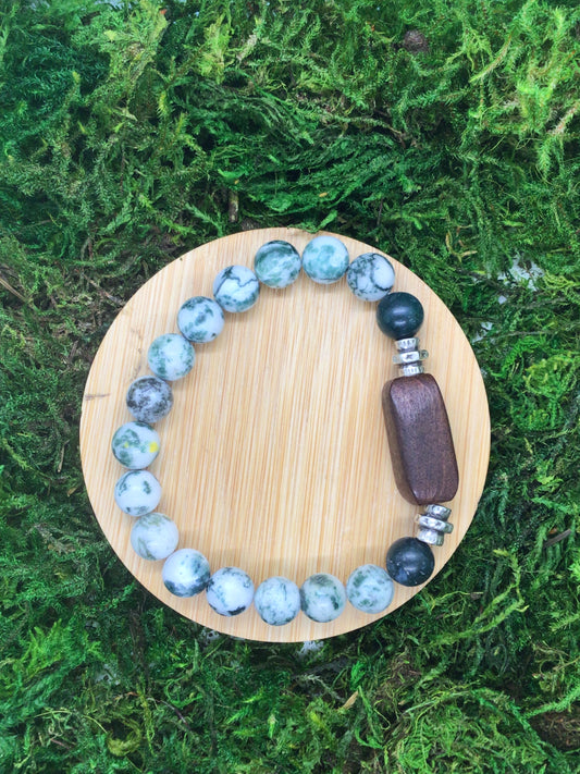 Tree Agate Bracelet with Wooden Signature Bead