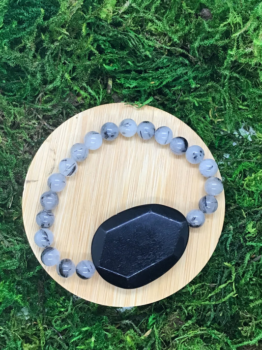 Tourmalinated Quartz Bracelet with Black Onyx Signature Stone