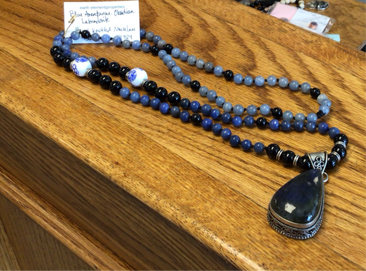 Blue aventurine. Obsidian Labradorite hand knotted necklace